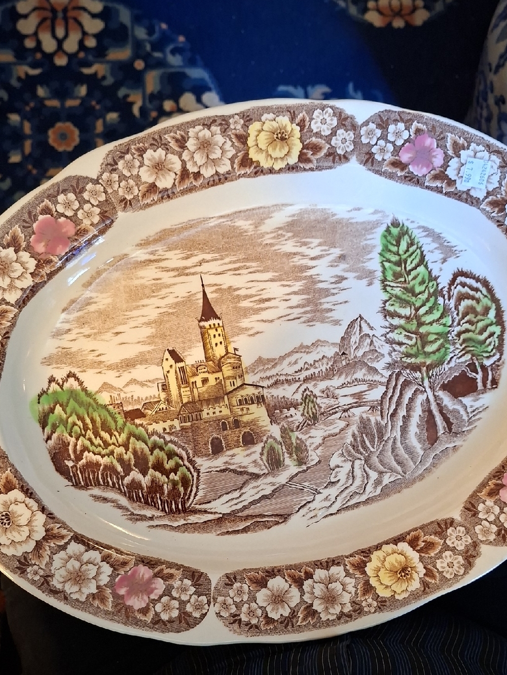 Large Brown Transfer Hand Coloured Castle Style Platter